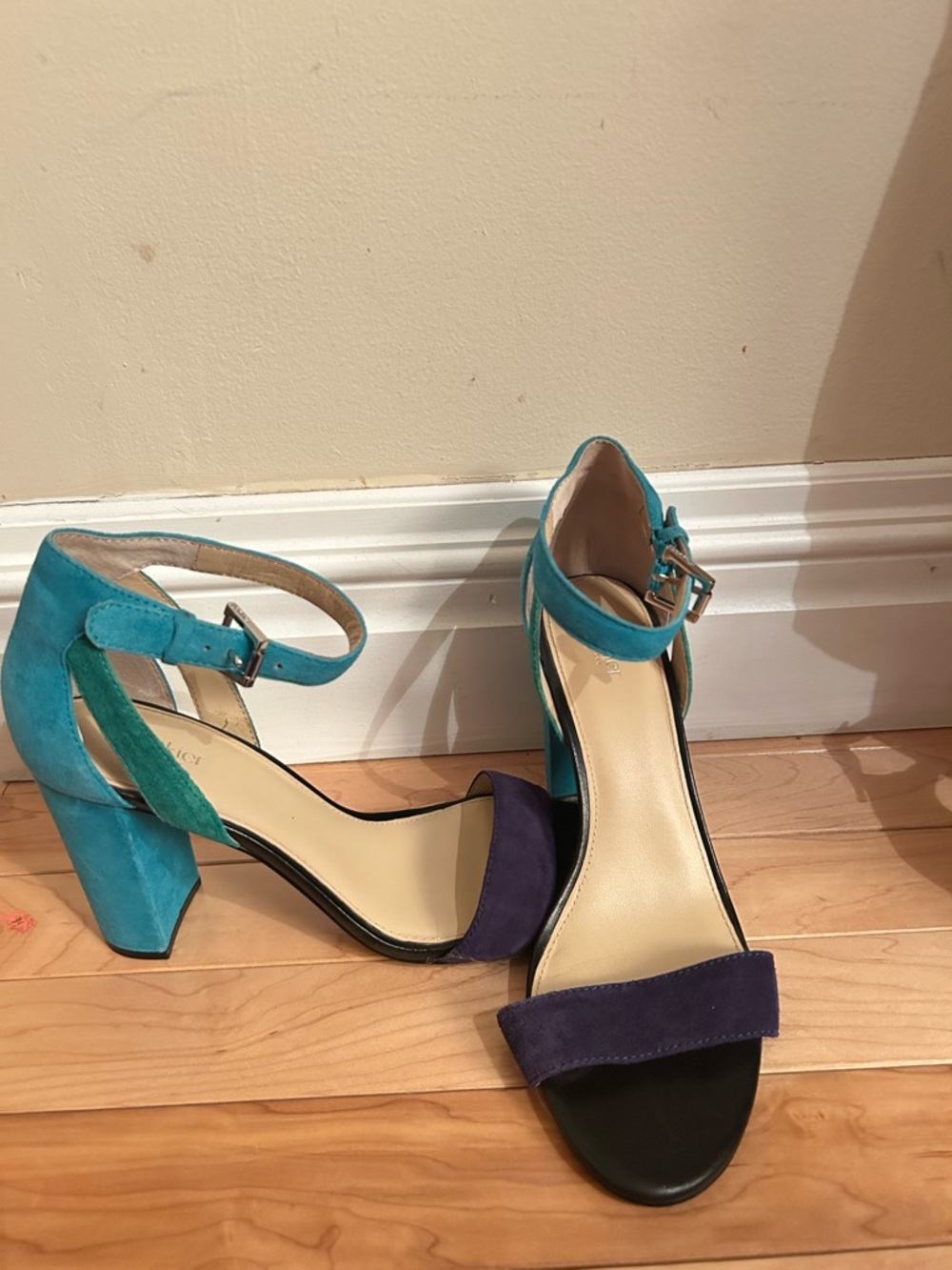 Botkier Two-Tone Suede Block Heel Sandals in Teal & Navy